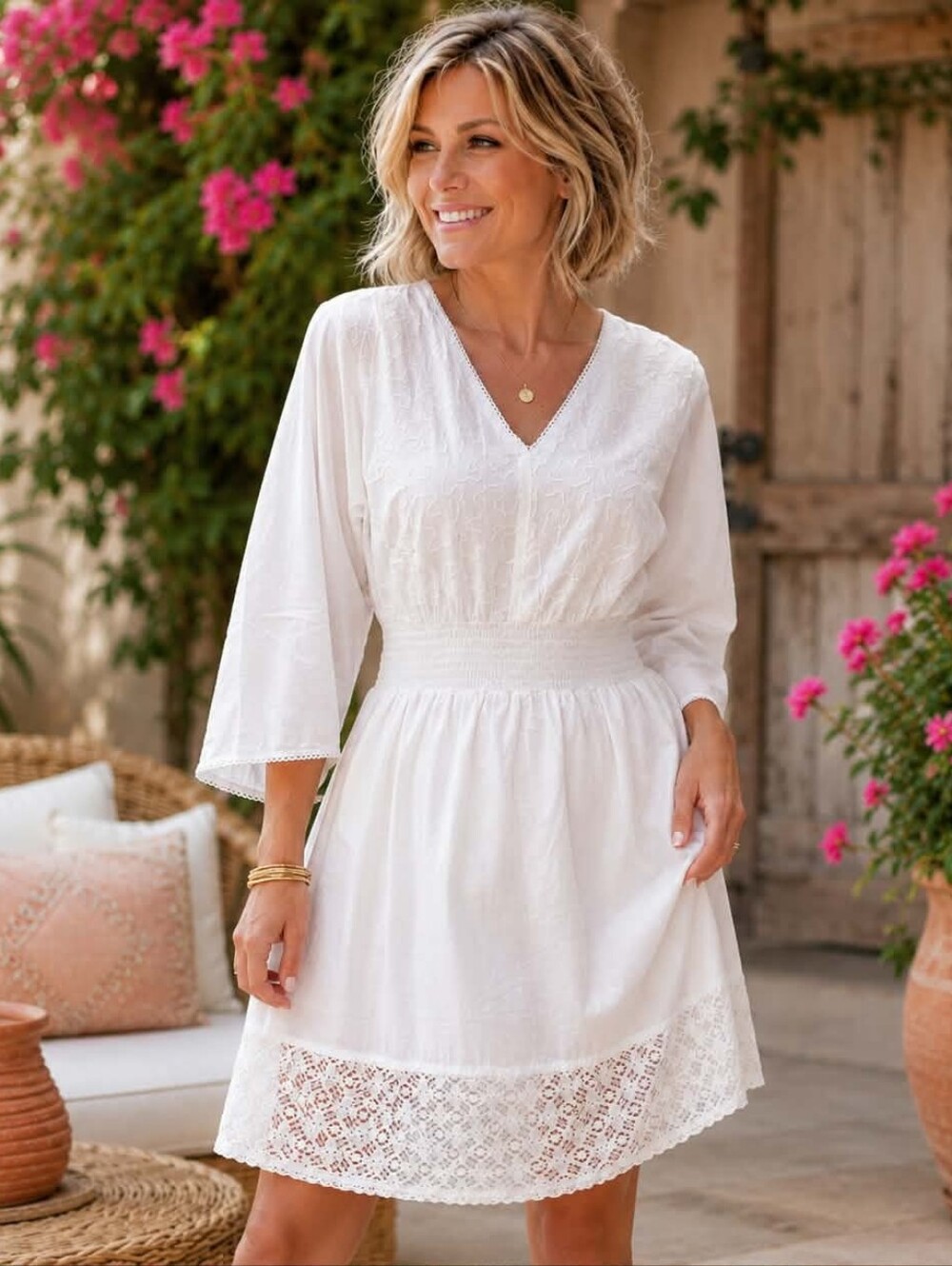White Waves V-Neck Smocked Waist Cotton Dress